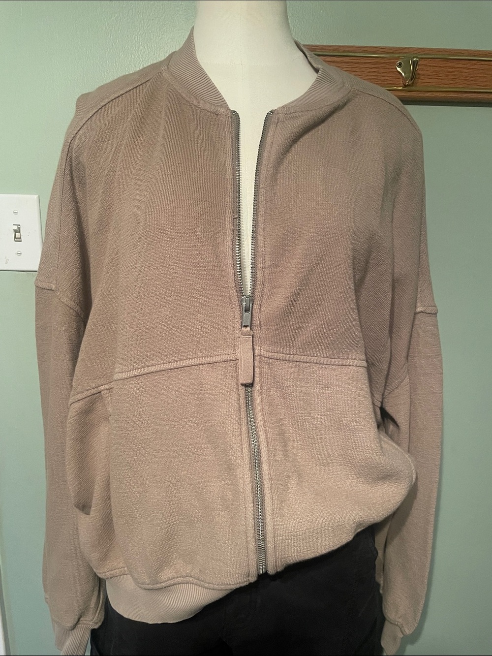 aerie Neutral Taupe Zip-Front Bomber Jacket